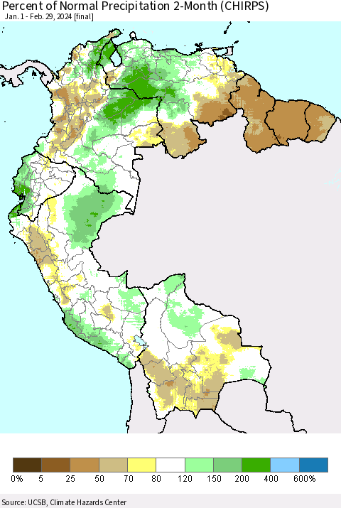 Northern South America Percent of Normal Precipitation 2-Month (CHIRPS) Thematic Map For 1/1/2024 - 2/29/2024