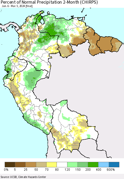 Northern South America Percent of Normal Precipitation 2-Month (CHIRPS) Thematic Map For 1/6/2024 - 3/5/2024