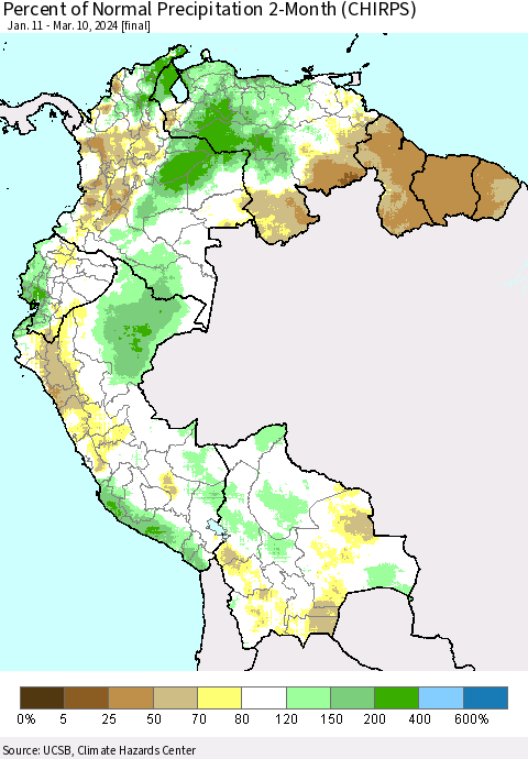 Northern South America Percent of Normal Precipitation 2-Month (CHIRPS) Thematic Map For 1/11/2024 - 3/10/2024