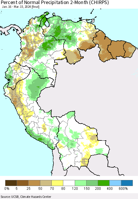 Northern South America Percent of Normal Precipitation 2-Month (CHIRPS) Thematic Map For 1/16/2024 - 3/15/2024