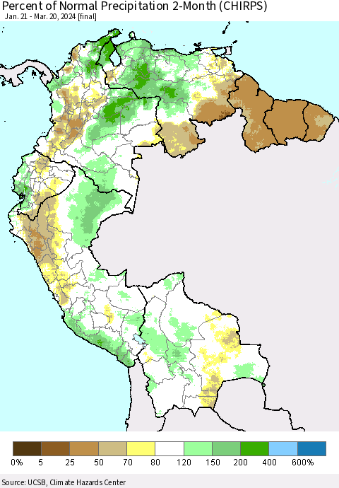 Northern South America Percent of Normal Precipitation 2-Month (CHIRPS) Thematic Map For 1/21/2024 - 3/20/2024