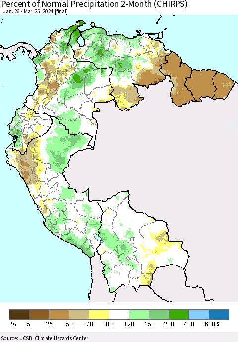 Northern South America Percent of Normal Precipitation 2-Month (CHIRPS) Thematic Map For 1/26/2024 - 3/25/2024