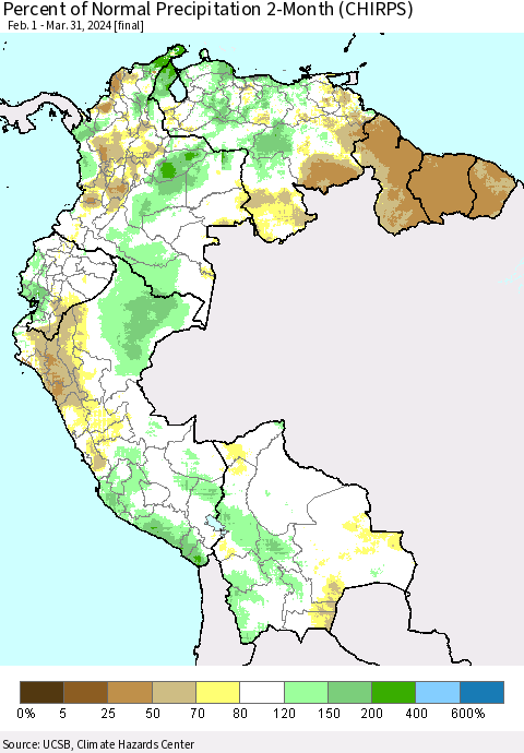 Northern South America Percent of Normal Precipitation 2-Month (CHIRPS) Thematic Map For 2/1/2024 - 3/31/2024