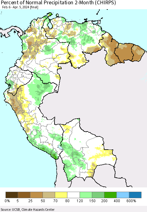 Northern South America Percent of Normal Precipitation 2-Month (CHIRPS) Thematic Map For 2/6/2024 - 4/5/2024