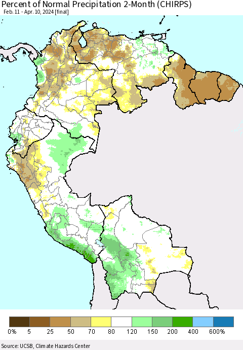 Northern South America Percent of Normal Precipitation 2-Month (CHIRPS) Thematic Map For 2/11/2024 - 4/10/2024