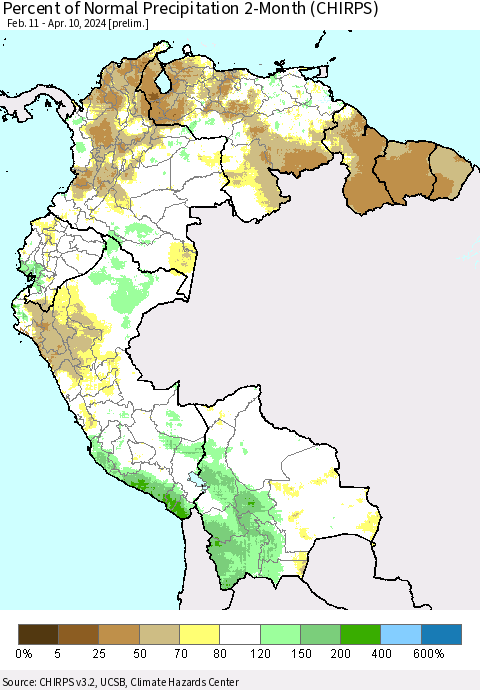 Northern South America Percent of Normal Precipitation 2-Month (CHIRPS) Thematic Map For 2/11/2024 - 4/10/2024
