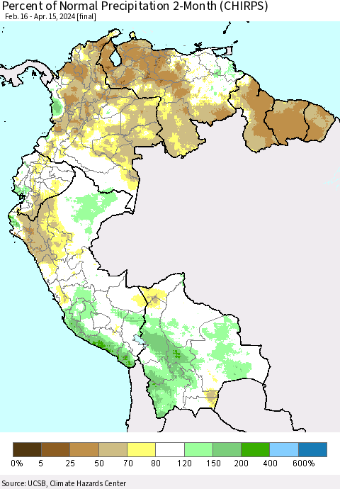 Northern South America Percent of Normal Precipitation 2-Month (CHIRPS) Thematic Map For 2/16/2024 - 4/15/2024