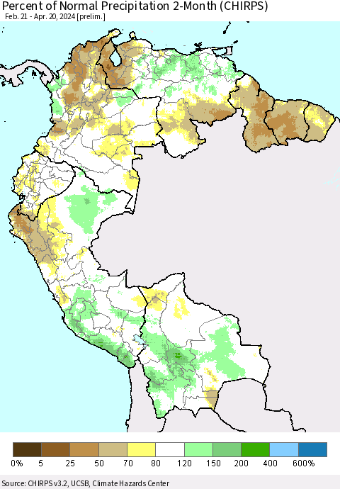 Northern South America Percent of Normal Precipitation 2-Month (CHIRPS) Thematic Map For 2/21/2024 - 4/20/2024