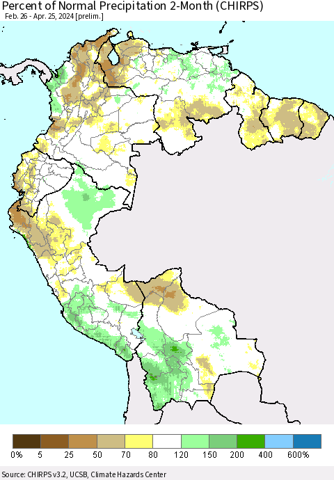 Northern South America Percent of Normal Precipitation 2-Month (CHIRPS) Thematic Map For 2/26/2024 - 4/25/2024