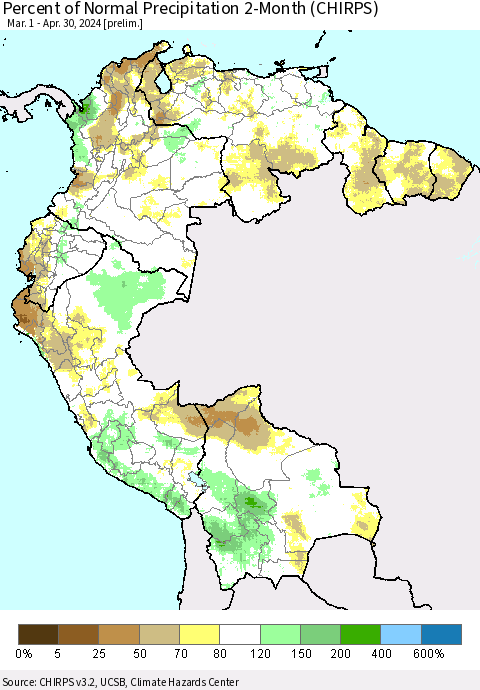 Northern South America Percent of Normal Precipitation 2-Month (CHIRPS) Thematic Map For 3/1/2024 - 4/30/2024