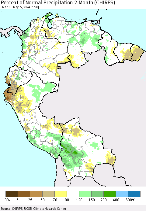Northern South America Percent of Normal Precipitation 2-Month (CHIRPS) Thematic Map For 3/6/2024 - 5/5/2024