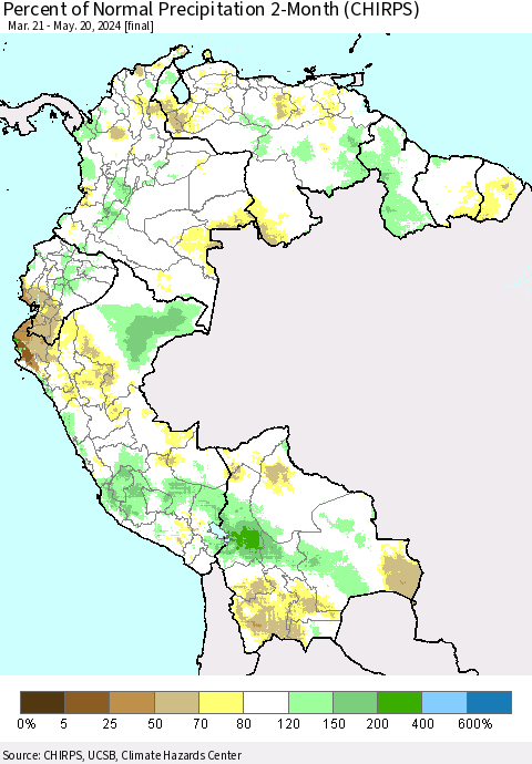 Northern South America Percent of Normal Precipitation 2-Month (CHIRPS) Thematic Map For 3/21/2024 - 5/20/2024