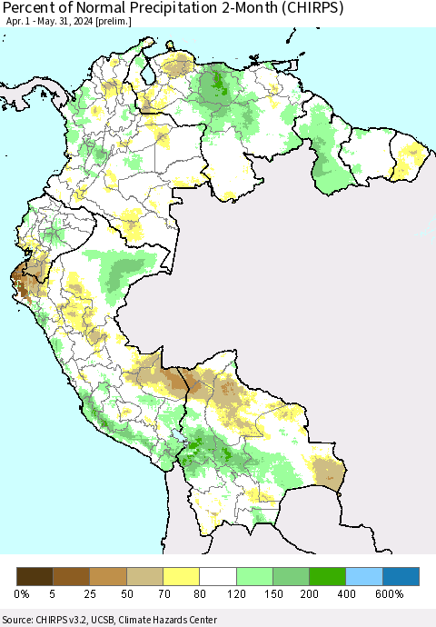 Northern South America Percent of Normal Precipitation 2-Month (CHIRPS) Thematic Map For 4/1/2024 - 5/31/2024