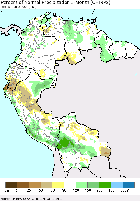 Northern South America Percent of Normal Precipitation 2-Month (CHIRPS) Thematic Map For 4/6/2024 - 6/5/2024