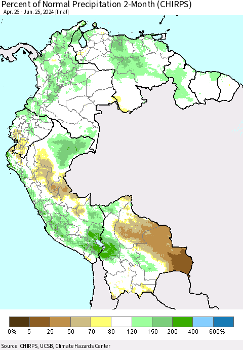 Northern South America Percent of Normal Precipitation 2-Month (CHIRPS) Thematic Map For 4/26/2024 - 6/25/2024