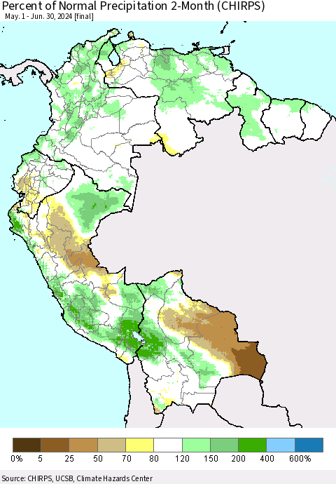 Northern South America Percent of Normal Precipitation 2-Month (CHIRPS) Thematic Map For 5/1/2024 - 6/30/2024