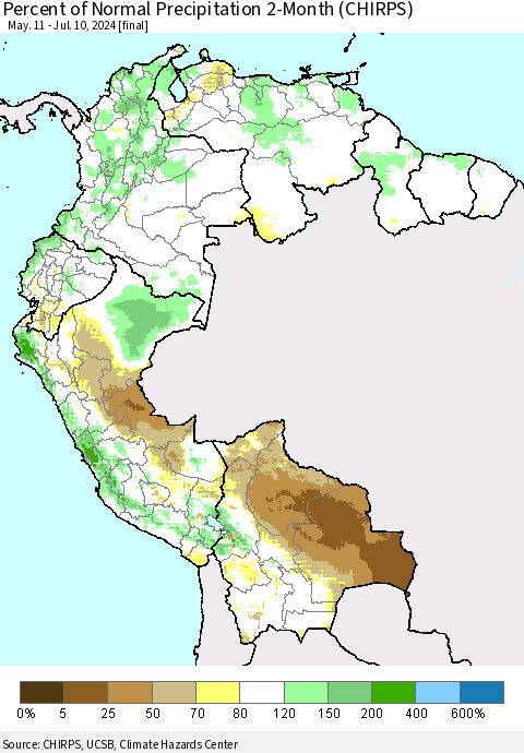 Northern South America Percent of Normal Precipitation 2-Month (CHIRPS) Thematic Map For 5/11/2024 - 7/10/2024