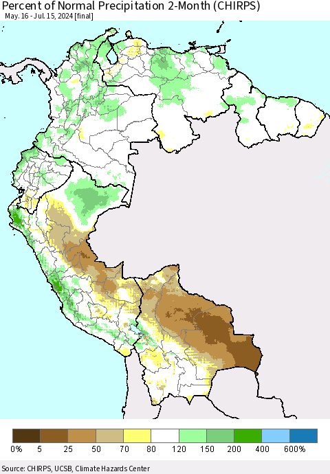 Northern South America Percent of Normal Precipitation 2-Month (CHIRPS) Thematic Map For 5/16/2024 - 7/15/2024