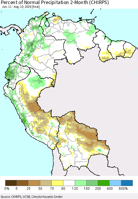 Northern South America Percent of Normal Precipitation 2-Month (CHIRPS) Thematic Map For 6/11/2024 - 8/10/2024