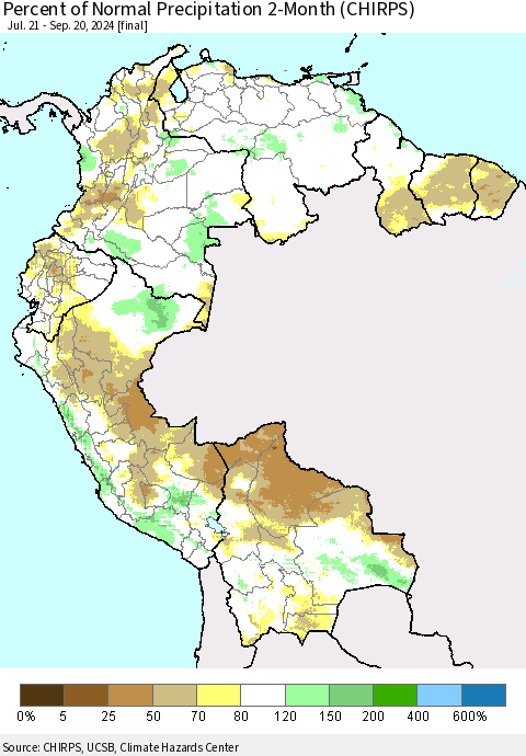 Northern South America Percent of Normal Precipitation 2-Month (CHIRPS) Thematic Map For 7/21/2024 - 9/20/2024