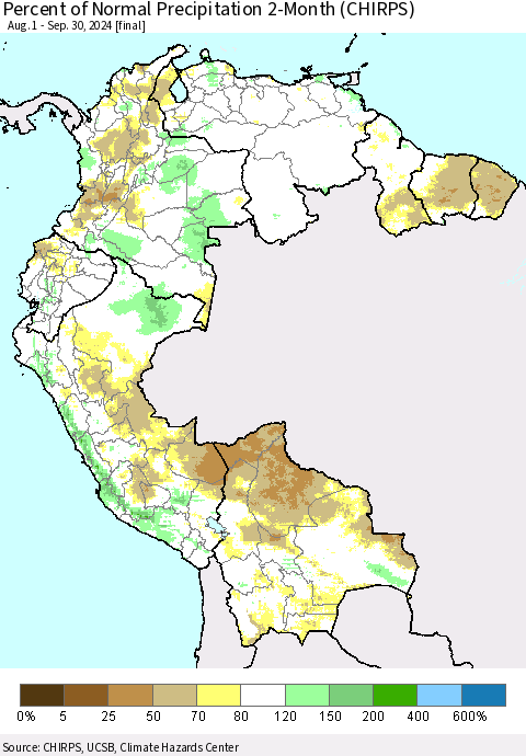 Northern South America Percent of Normal Precipitation 2-Month (CHIRPS) Thematic Map For 8/1/2024 - 9/30/2024