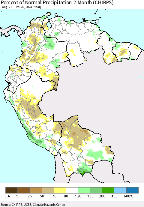 Northern South America Percent of Normal Precipitation 2-Month (CHIRPS) Thematic Map For 8/21/2024 - 10/20/2024