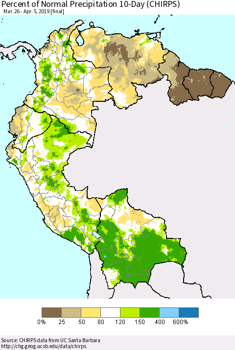 Northern South America Percent of Normal Precipitation 10-Day (CHIRPS) Thematic Map For 3/26/2019 - 4/5/2019