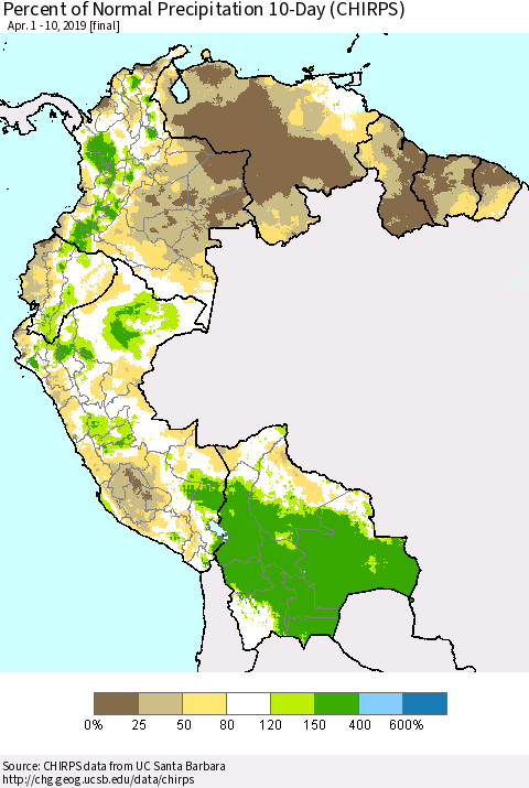Northern South America Percent of Normal Precipitation 10-Day (CHIRPS) Thematic Map For 4/1/2019 - 4/10/2019