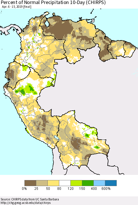Northern South America Percent of Normal Precipitation 10-Day (CHIRPS) Thematic Map For 4/6/2019 - 4/15/2019