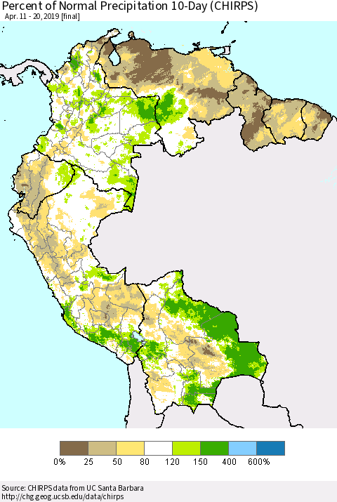 Northern South America Percent of Normal Precipitation 10-Day (CHIRPS) Thematic Map For 4/11/2019 - 4/20/2019