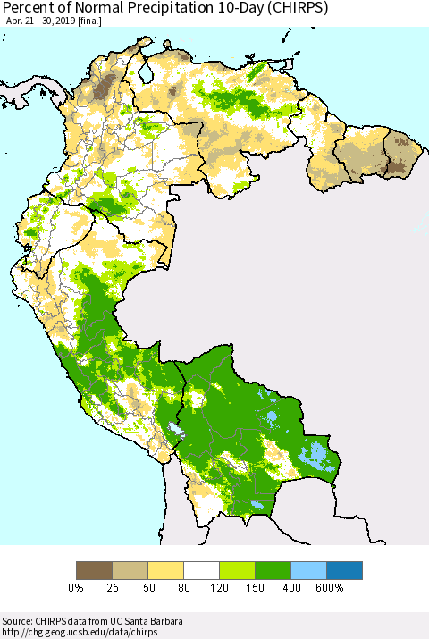 Northern South America Percent of Normal Precipitation 10-Day (CHIRPS) Thematic Map For 4/21/2019 - 4/30/2019