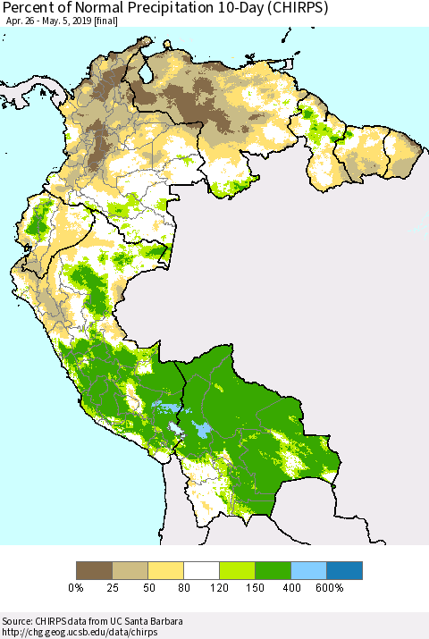 Northern South America Percent of Normal Precipitation 10-Day (CHIRPS) Thematic Map For 4/26/2019 - 5/5/2019