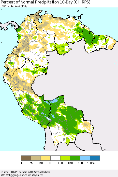 Northern South America Percent of Normal Precipitation 10-Day (CHIRPS) Thematic Map For 5/1/2019 - 5/10/2019