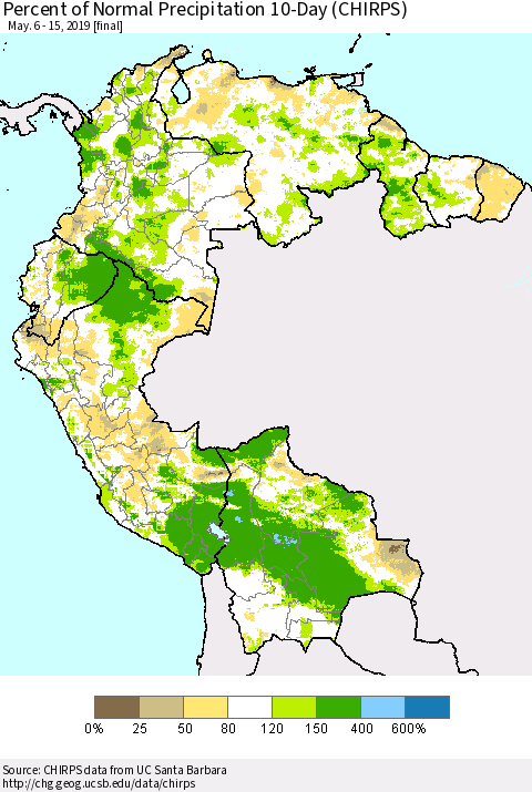 Northern South America Percent of Normal Precipitation 10-Day (CHIRPS) Thematic Map For 5/6/2019 - 5/15/2019