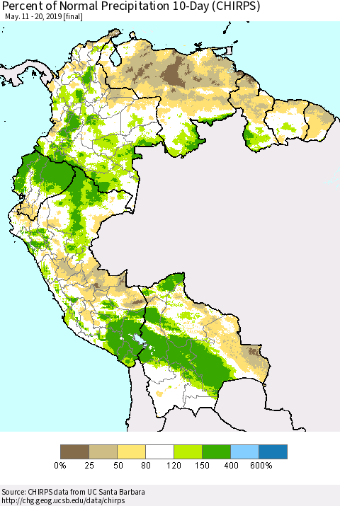 Northern South America Percent of Normal Precipitation 10-Day (CHIRPS) Thematic Map For 5/11/2019 - 5/20/2019