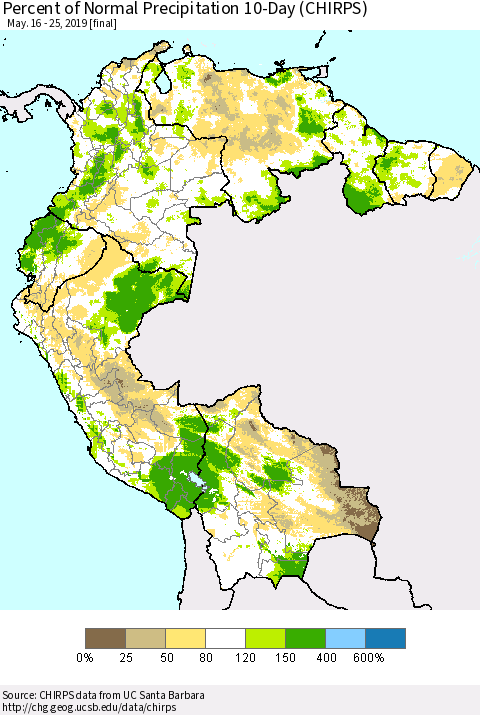 Northern South America Percent of Normal Precipitation 10-Day (CHIRPS) Thematic Map For 5/16/2019 - 5/25/2019