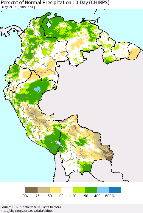 Northern South America Percent of Normal Precipitation 10-Day (CHIRPS) Thematic Map For 5/21/2019 - 5/31/2019