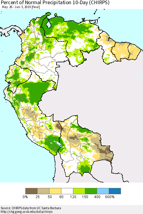 Northern South America Percent of Normal Precipitation 10-Day (CHIRPS) Thematic Map For 5/26/2019 - 6/5/2019