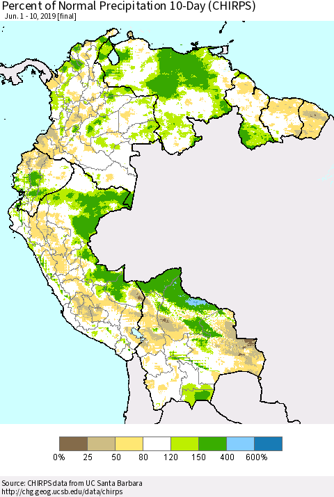 Northern South America Percent of Normal Precipitation 10-Day (CHIRPS) Thematic Map For 6/1/2019 - 6/10/2019
