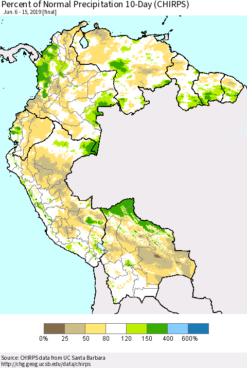 Northern South America Percent of Normal Precipitation 10-Day (CHIRPS) Thematic Map For 6/6/2019 - 6/15/2019