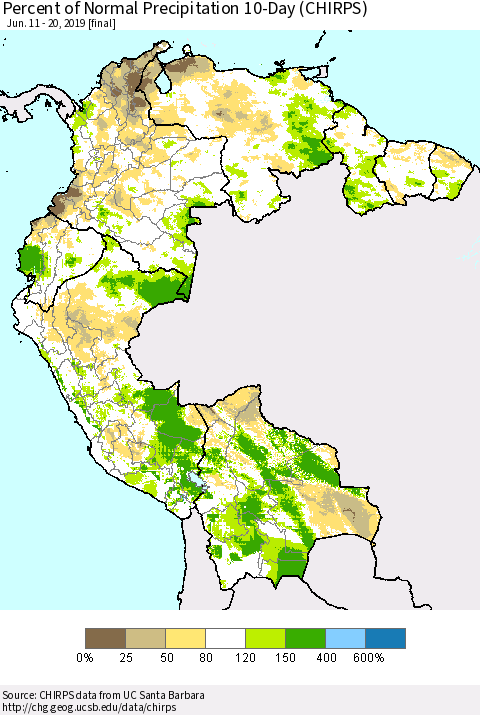 Northern South America Percent of Normal Precipitation 10-Day (CHIRPS) Thematic Map For 6/11/2019 - 6/20/2019