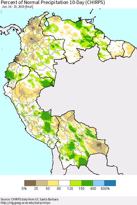 Northern South America Percent of Normal Precipitation 10-Day (CHIRPS) Thematic Map For 6/16/2019 - 6/25/2019