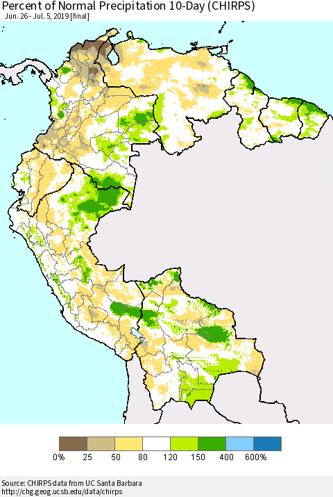 Northern South America Percent of Normal Precipitation 10-Day (CHIRPS) Thematic Map For 6/26/2019 - 7/5/2019