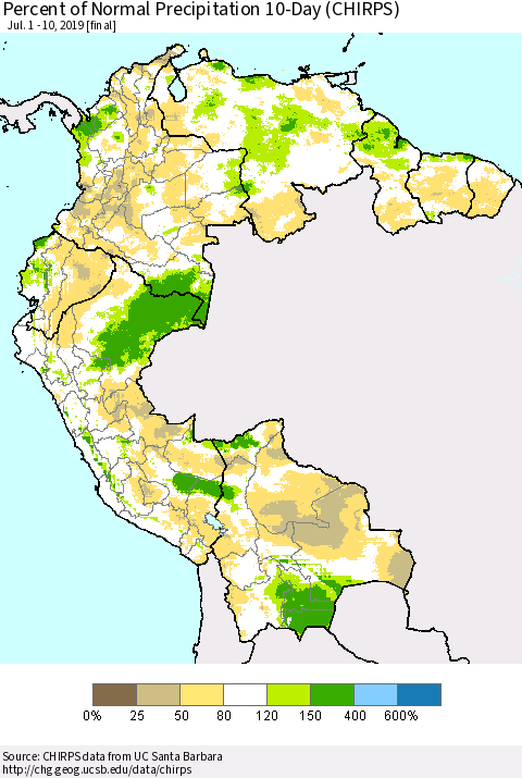Northern South America Percent of Normal Precipitation 10-Day (CHIRPS) Thematic Map For 7/1/2019 - 7/10/2019