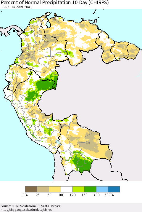Northern South America Percent of Normal Precipitation 10-Day (CHIRPS) Thematic Map For 7/6/2019 - 7/15/2019