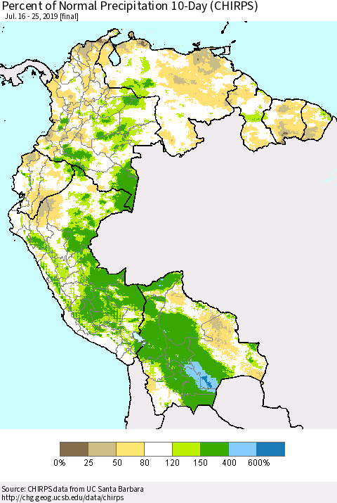 Northern South America Percent of Normal Precipitation 10-Day (CHIRPS) Thematic Map For 7/16/2019 - 7/25/2019
