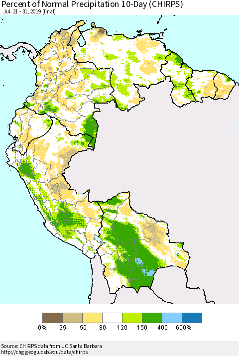 Northern South America Percent of Normal Precipitation 10-Day (CHIRPS) Thematic Map For 7/21/2019 - 7/31/2019