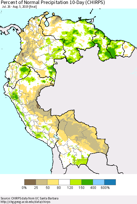 Northern South America Percent of Normal Precipitation 10-Day (CHIRPS) Thematic Map For 7/26/2019 - 8/5/2019