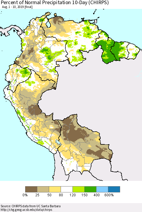 Northern South America Percent of Normal Precipitation 10-Day (CHIRPS) Thematic Map For 8/1/2019 - 8/10/2019