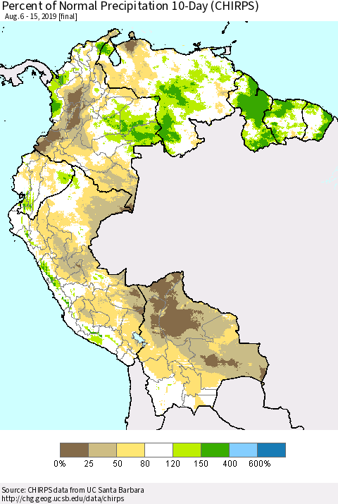 Northern South America Percent of Normal Precipitation 10-Day (CHIRPS) Thematic Map For 8/6/2019 - 8/15/2019